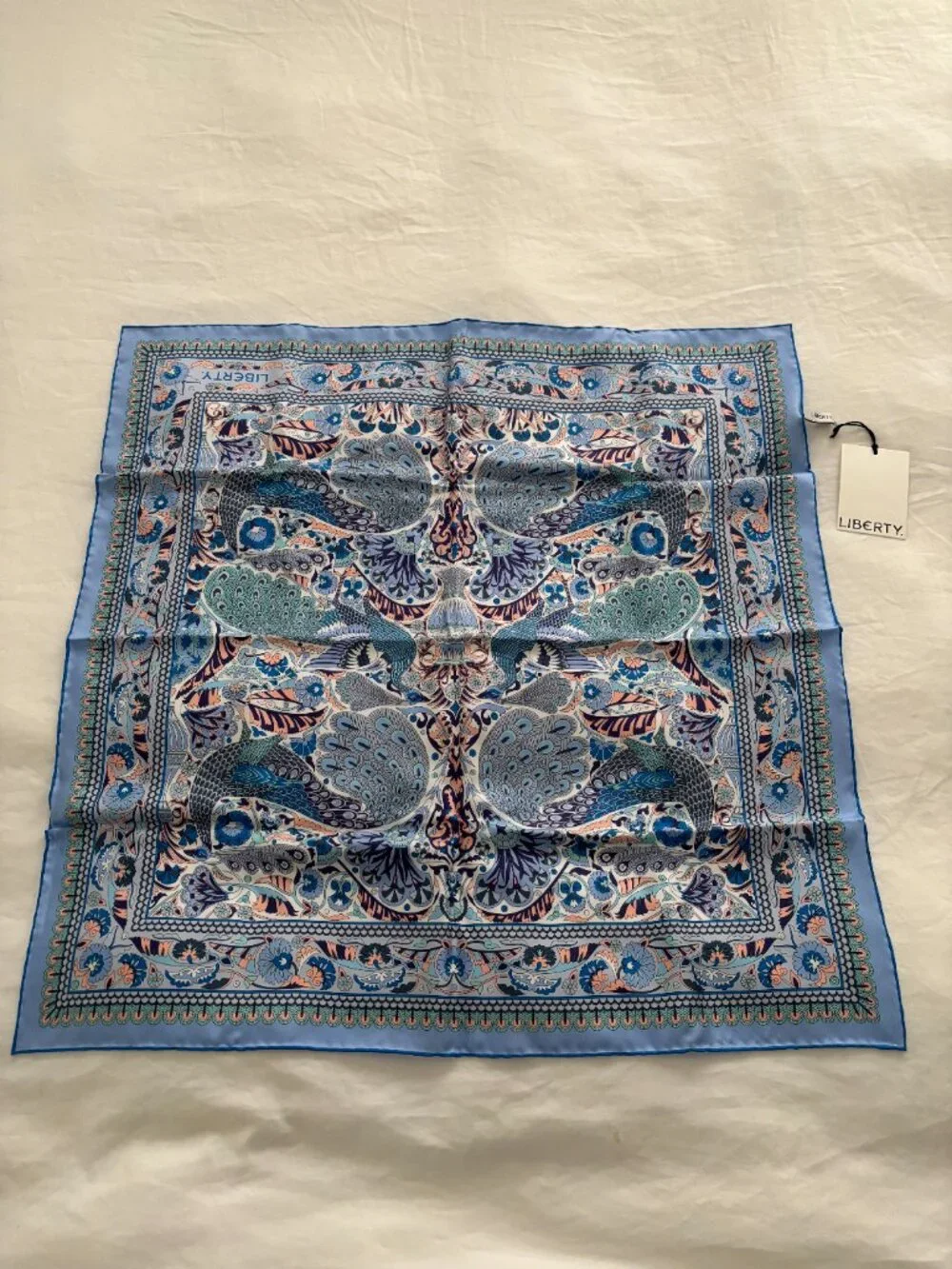 Liberty London Blue Silk Scarf Adorned with Peacocks - Never Worn
